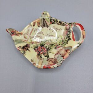 Vtg Christmas Ceramic Teapot Shaped Tea Bag Holder Trinket Santa Holiday Decor